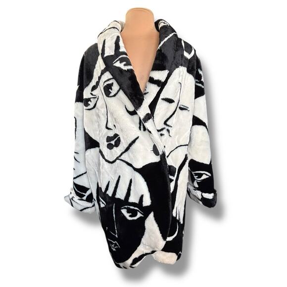 Vintage Donnybrook Faces Black White Faux Fur Coat Oversized Medium Art To Wear - Picture 15 of 15